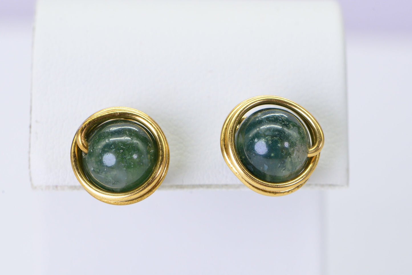 Natural Moss Agate Studs: 14K Gold Plated Wire Wrapped Earrings