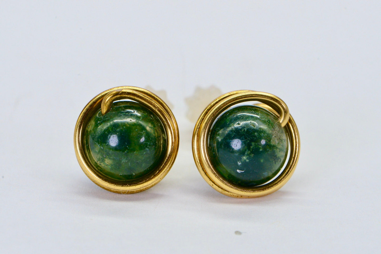 Natural Moss Agate Studs: 14K Gold Plated Wire Wrapped Earrings