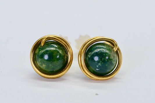 Natural Moss Agate Studs: 14K Gold Plated Wire Wrapped Earrings