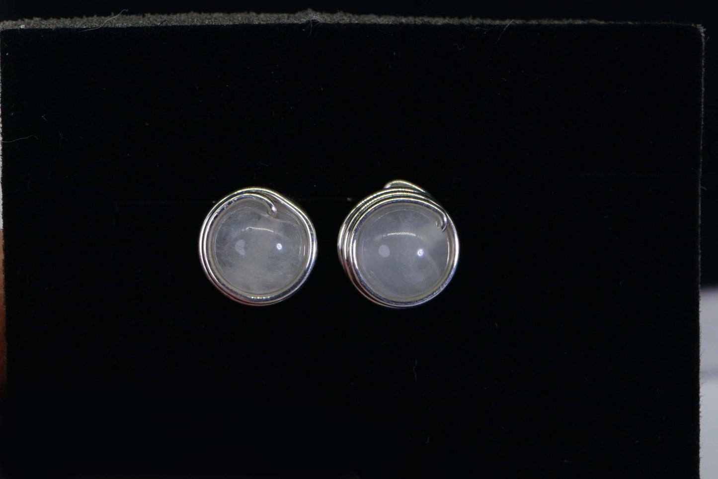 Moonstone Stud Earrings: Wire Wrapped Sterling Silver, 7mm Gemstone