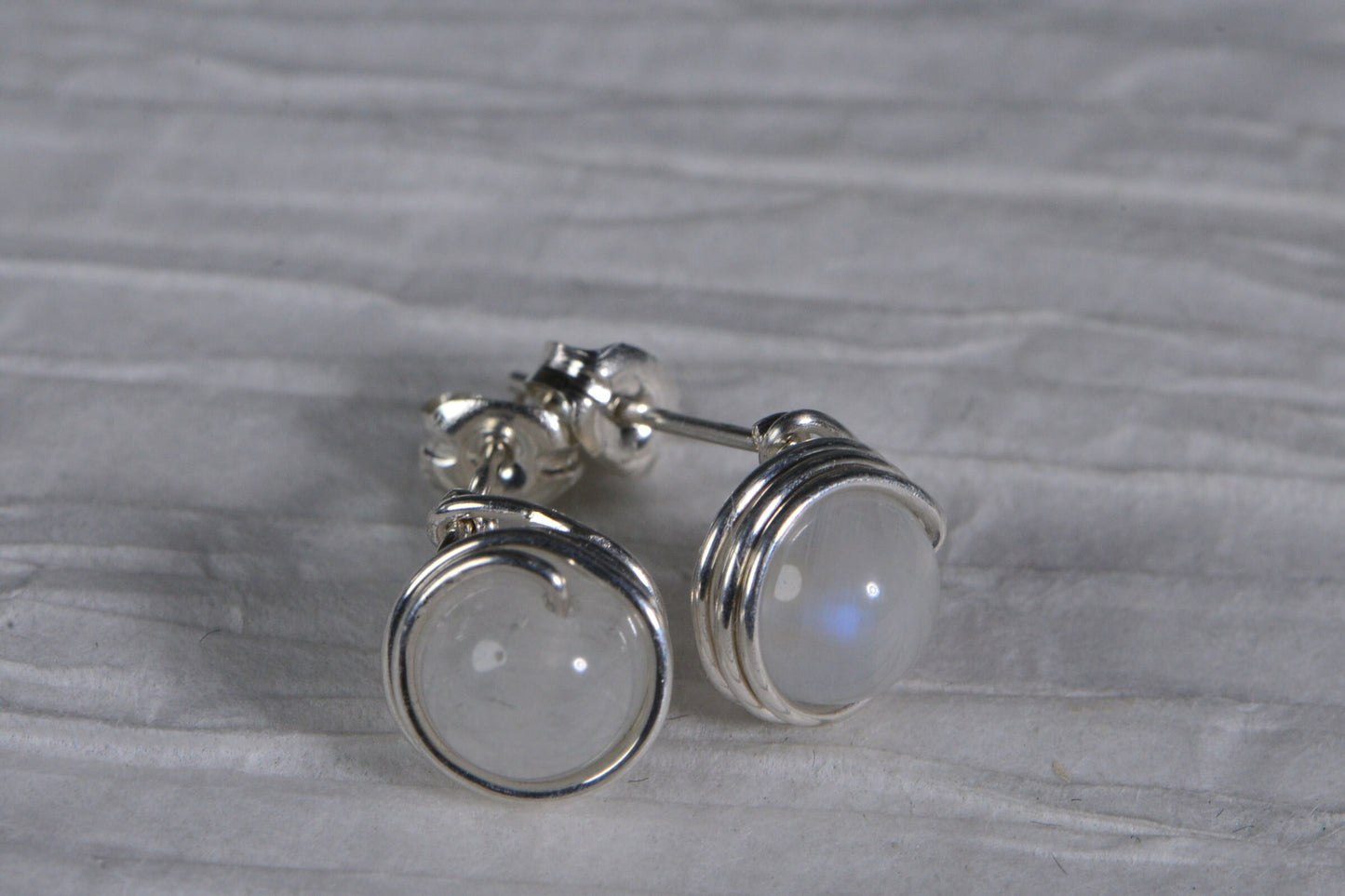 Moonstone Stud Earrings: Wire Wrapped Sterling Silver, 7mm Gemstone