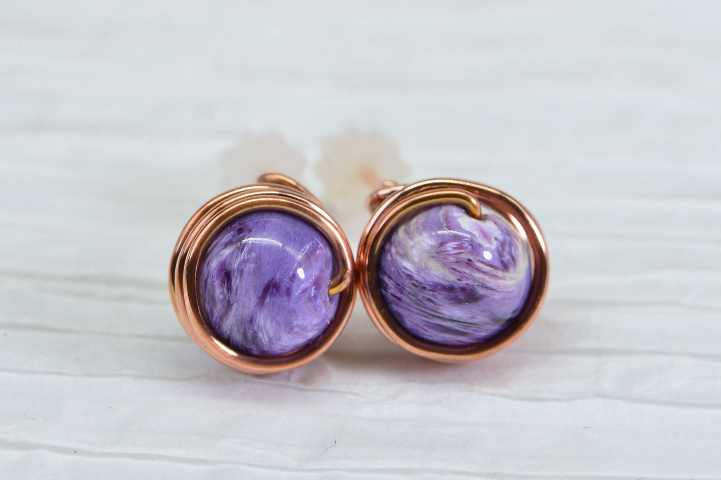 Natural Charoite Stud Earrings: Copper Wire Wrapped, 8mm