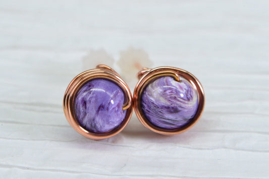 Natural Charoite Stud Earrings: Copper Wire Wrapped, 8mm