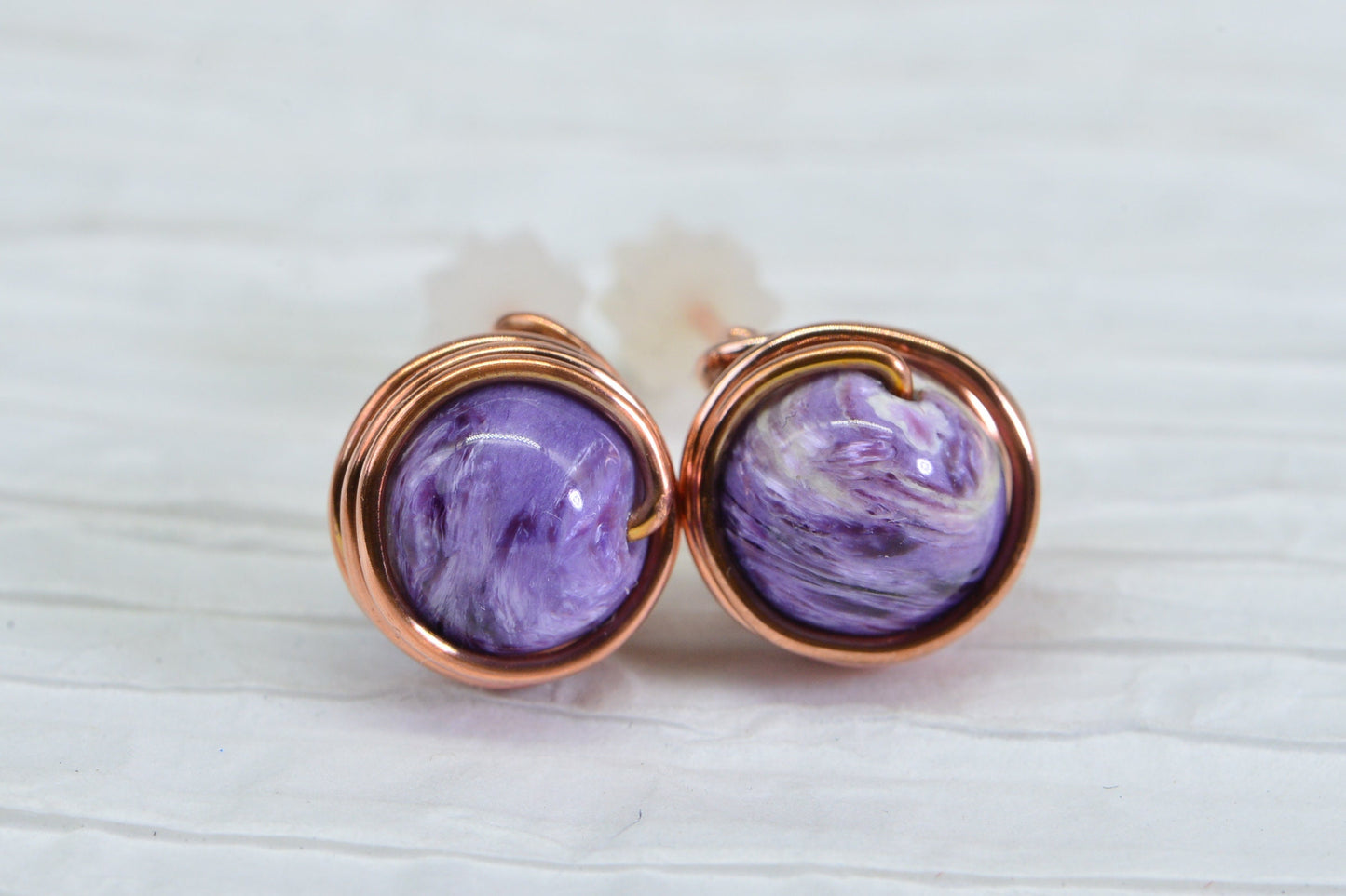 Natural Charoite Stud Earrings: Copper Wire Wrapped, 8mm