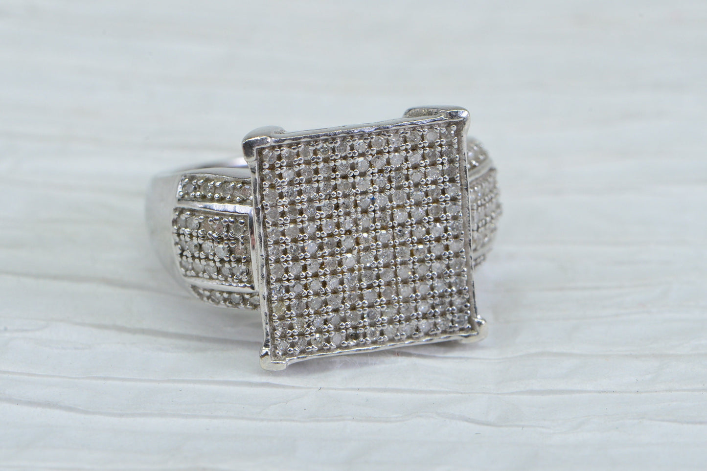 Diamond Encrusted Square Ring: 14K White Gold over Sterling Silver