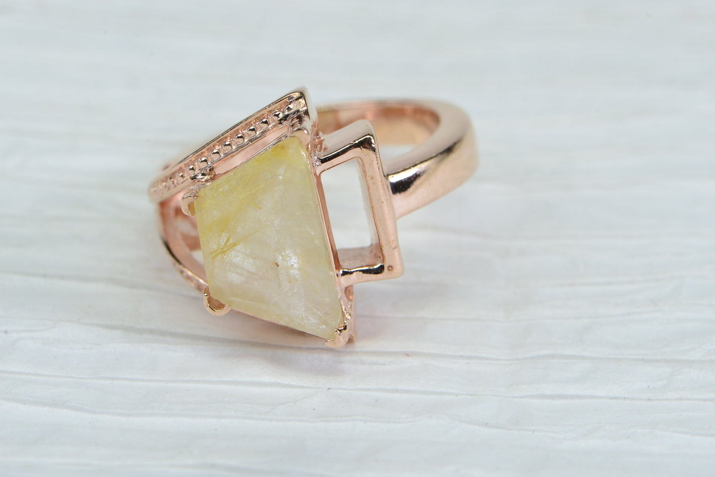 Golden Rutilated Quartz Ring: 14K Rose Gold Over Sterling Silver