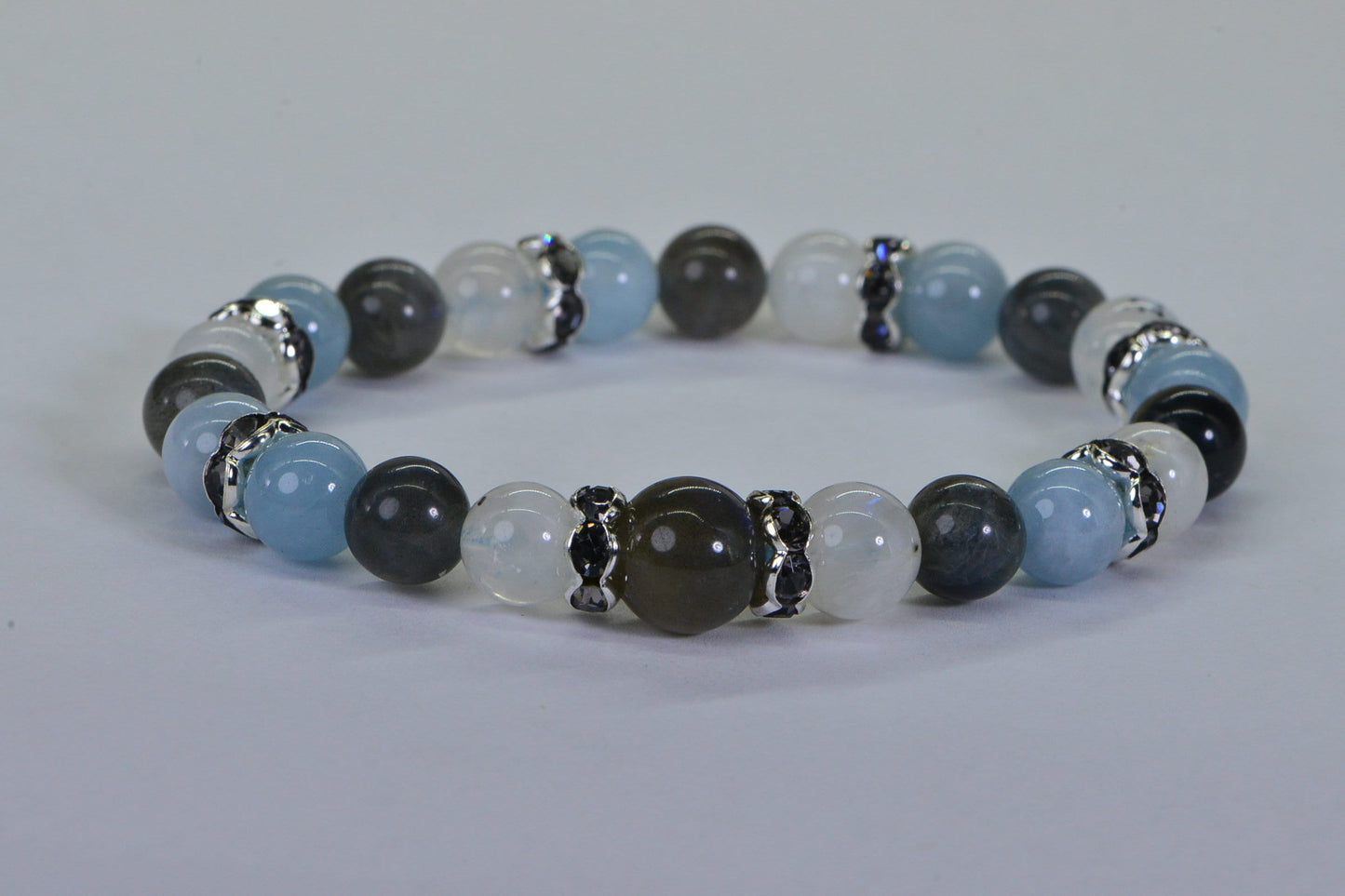 Labradorite Bracelet, Aquamarine, Moonstone, Sterling Silver Beads