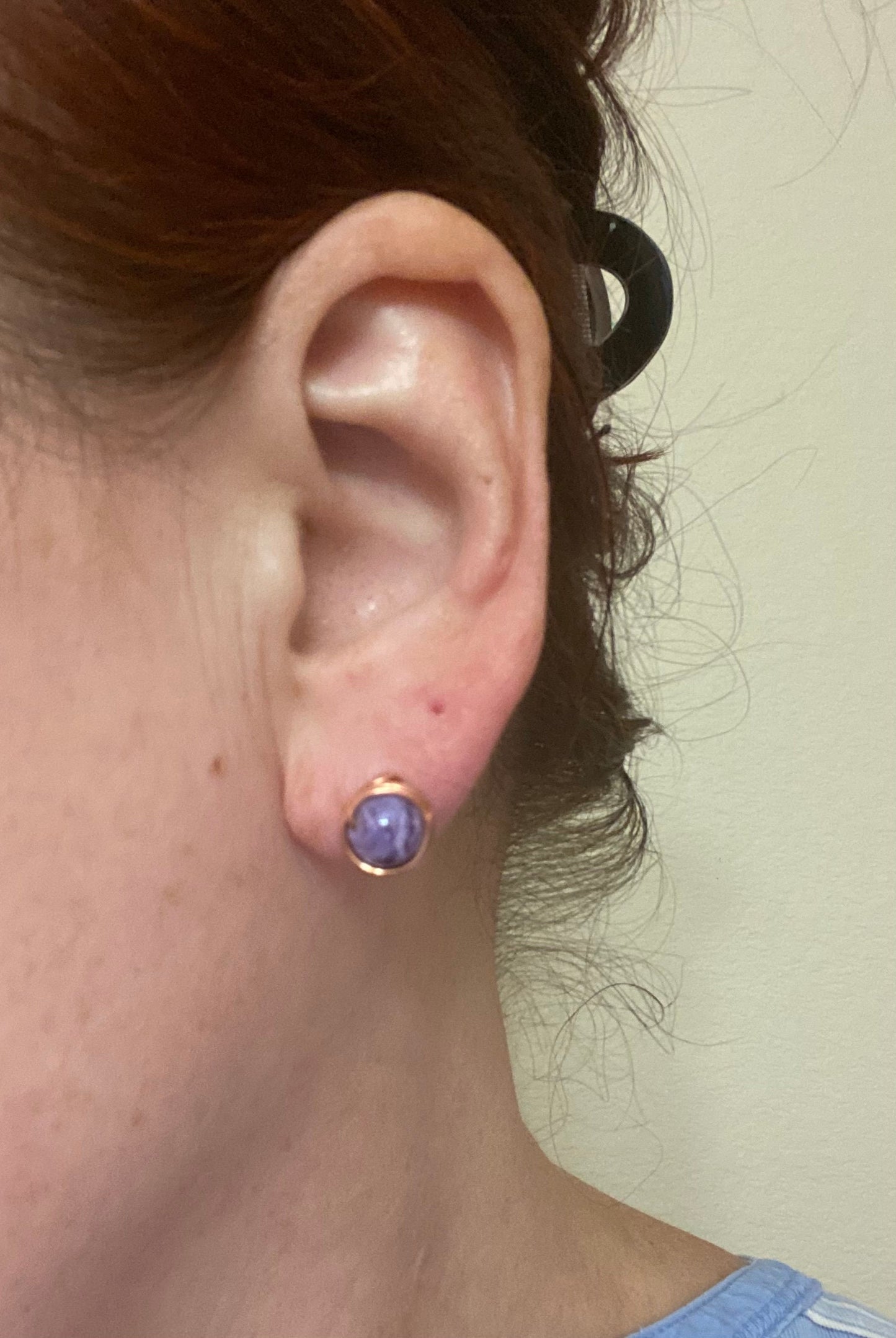 9mm Natural Charoite Studs: Copper Wire Wrapped Earrings