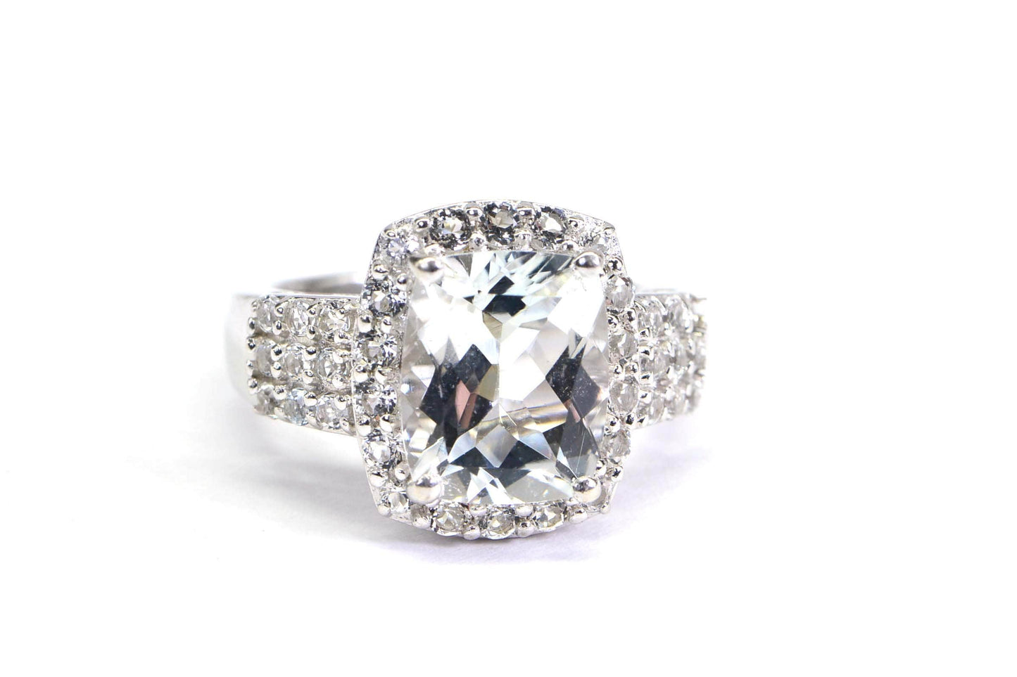 Emerald Cut White Topaz Ring: Halo Sterling Silver Filigree