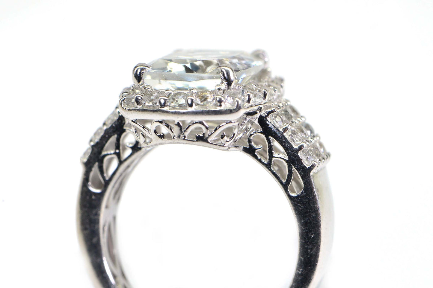 Emerald Cut White Topaz Ring: Halo Sterling Silver Filigree