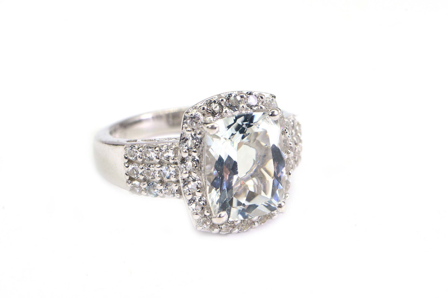 Emerald Cut White Topaz Ring: Halo Sterling Silver Filigree