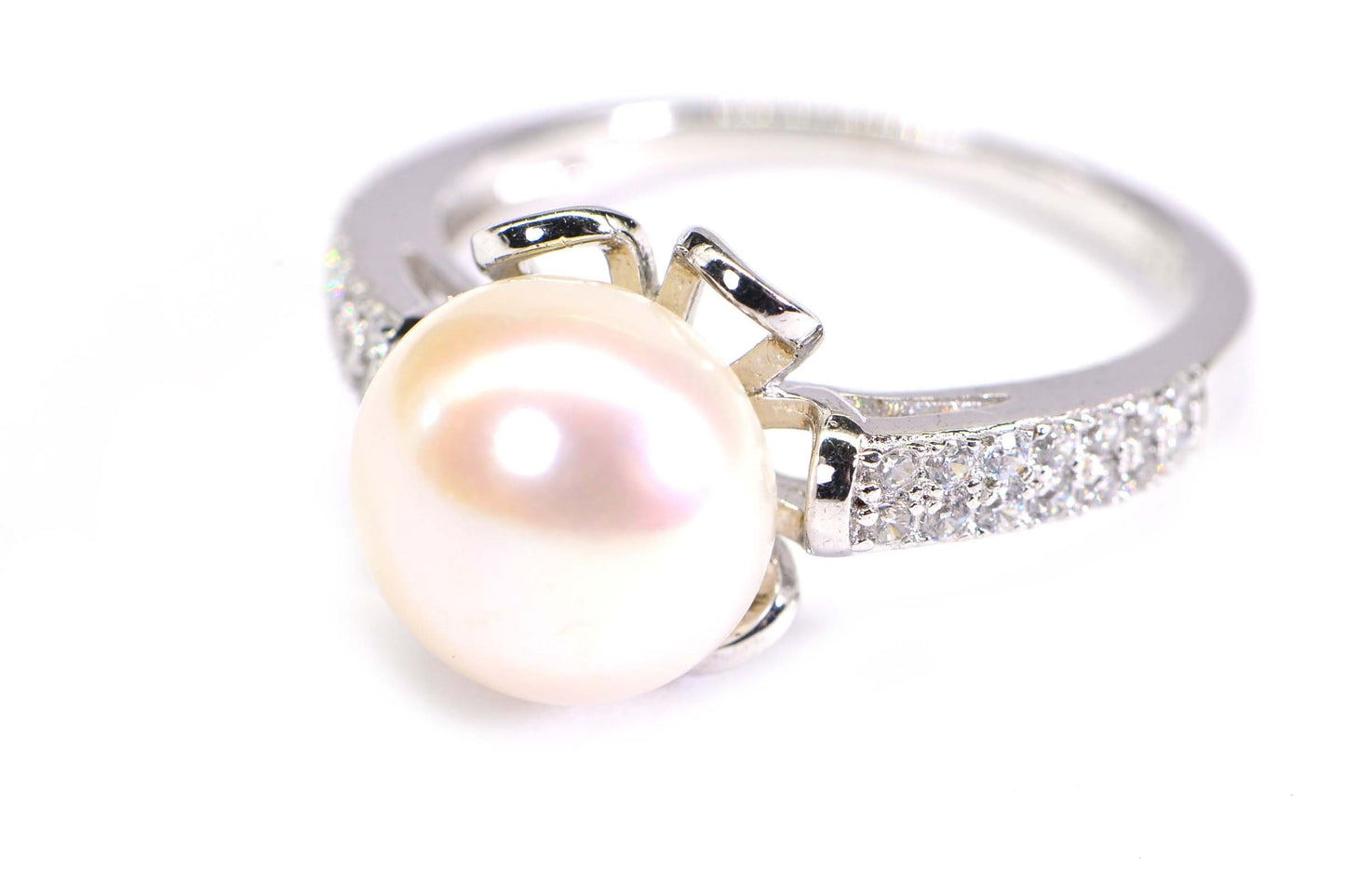 South Sea Pearl Ring: 14K White Gold Over Sterling Silver, CZ Accents