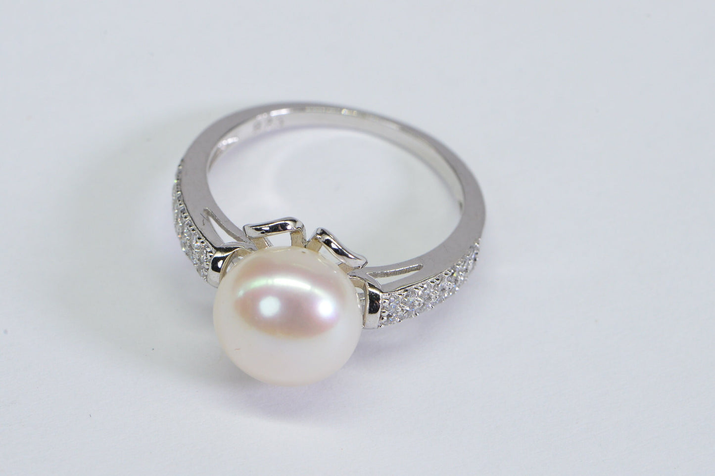 South Sea Pearl Ring: 14K White Gold Over Sterling Silver, CZ Accents