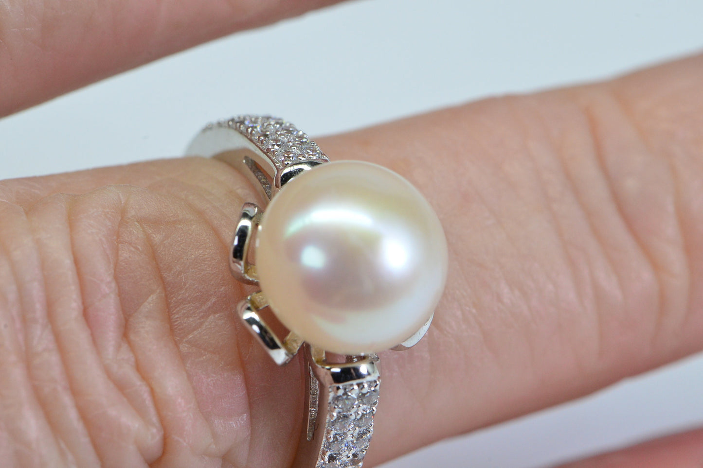 South Sea Pearl Ring: 14K White Gold Over Sterling Silver, CZ Accents