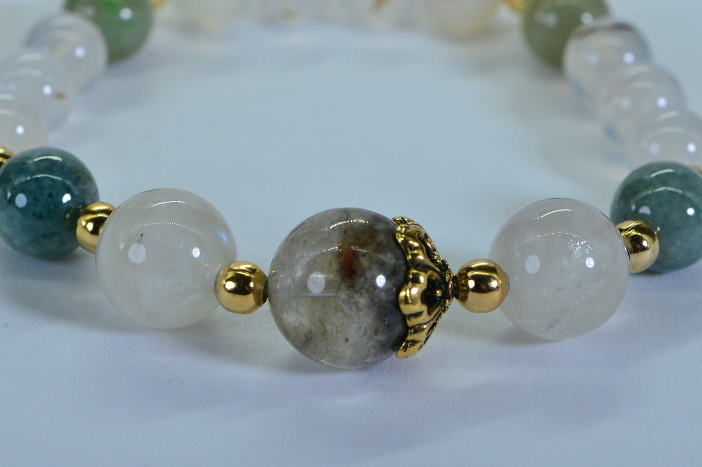Phantom Quartz Moonstone Jade Bracelet: Chunky Gemstone Healing Crystal