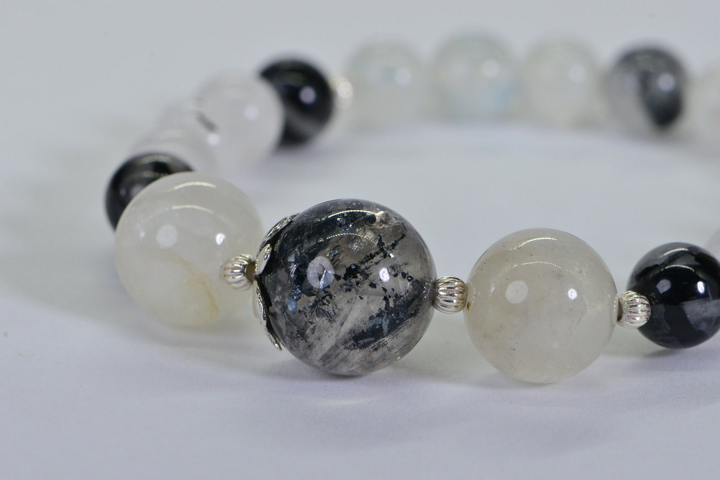 Phantom Quartz Moonstone Bracelet: Sterling Silver Gemstone Healing Crystal