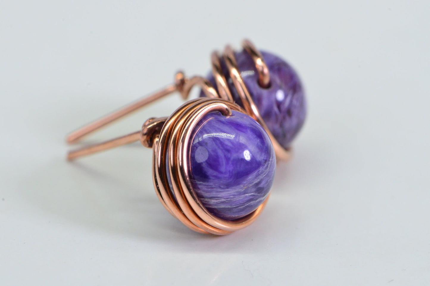 9mm Charoite Studs: Copper Wire Wrapped Earrings