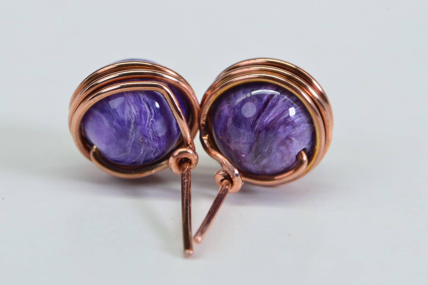 9mm Charoite Studs: Copper Wire Wrapped Earrings