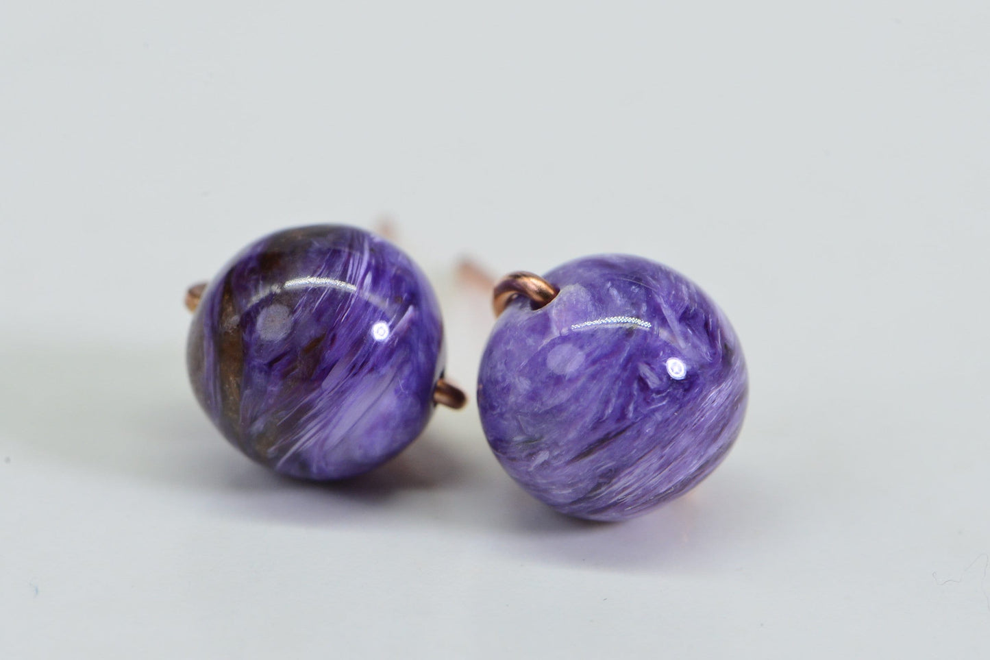9mm Natural Charoite Studs: Copper Wire Wrapped Earrings