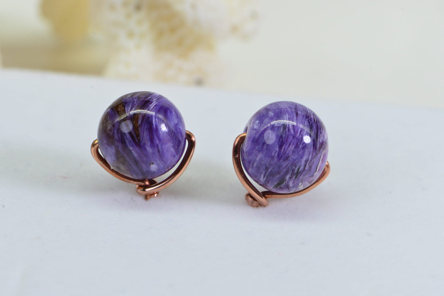9mm Natural Charoite Studs: Copper Wire Wrapped Earrings
