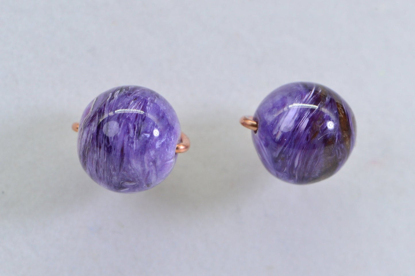 9mm Natural Charoite Studs: Copper Wire Wrapped Earrings