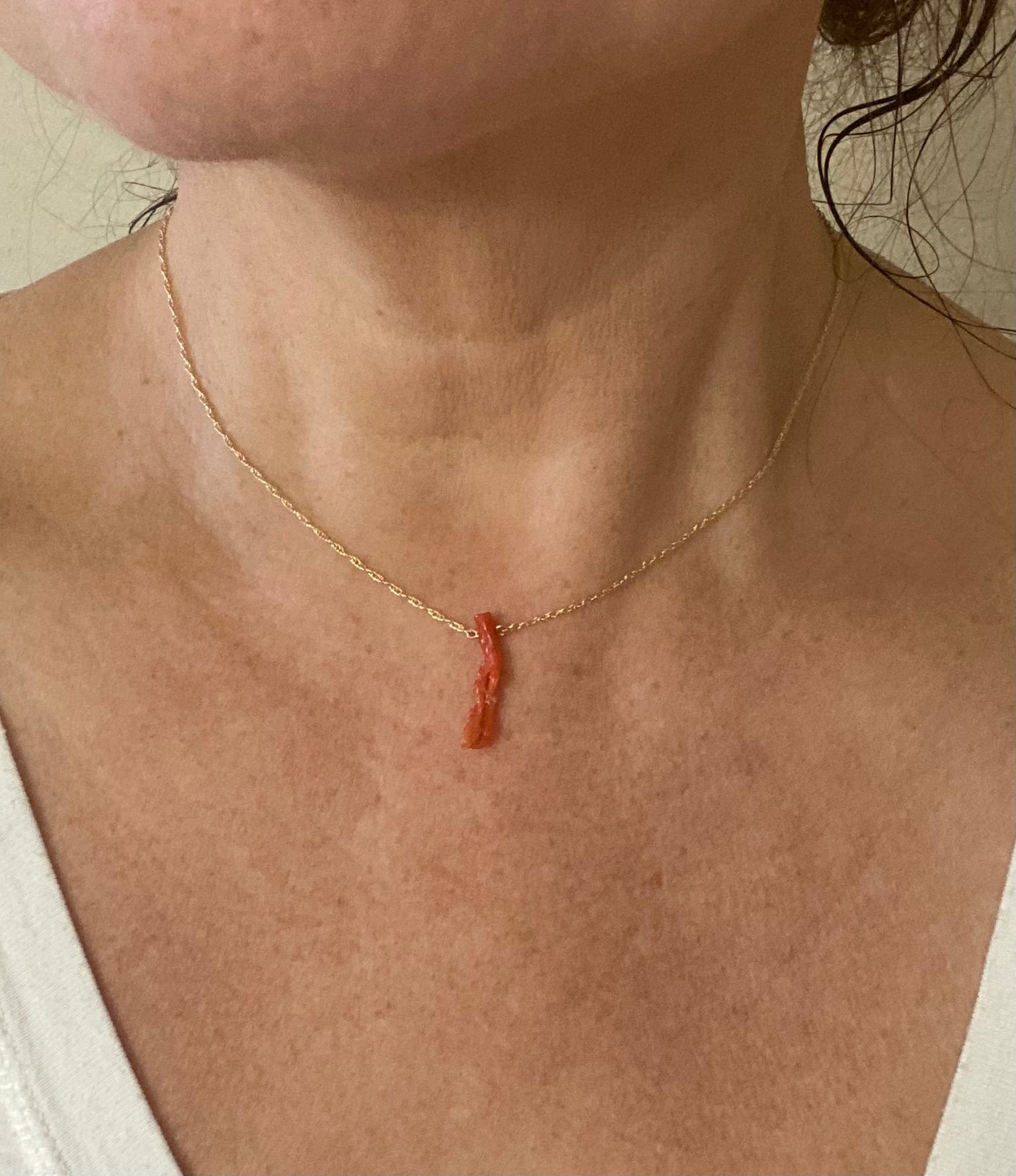 14K Gold Mediterranean Coral Branch Necklace: Red Orange Minimalist Jewelry