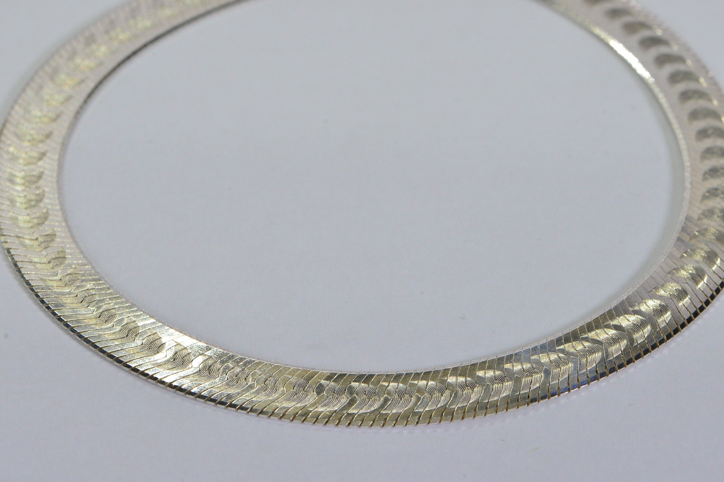 Vintage Sterling Silver Flat Herringbone Chain Necklace - Unisex Italian Design