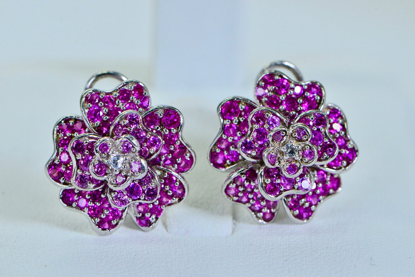 Floral Pink Sapphire Earrings: Diamond Accent, 14K White Gold Over Sterling Silver