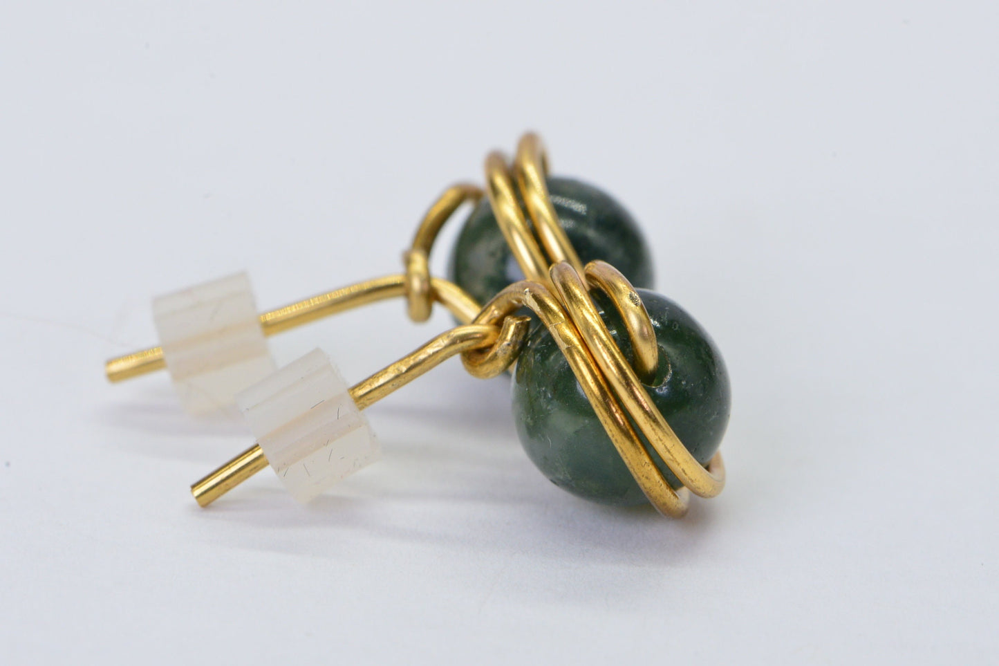 Natural Moss Agate Studs: 14K Gold Plated Wire Wrapped Earrings