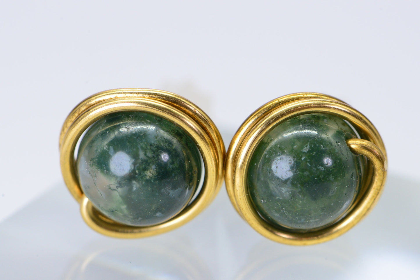 Natural Moss Agate Studs: 14K Gold Plated Wire Wrapped Earrings