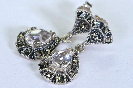 Vintage Teardrop Earrings: Marcasite & White Topaz, Sterling Silver