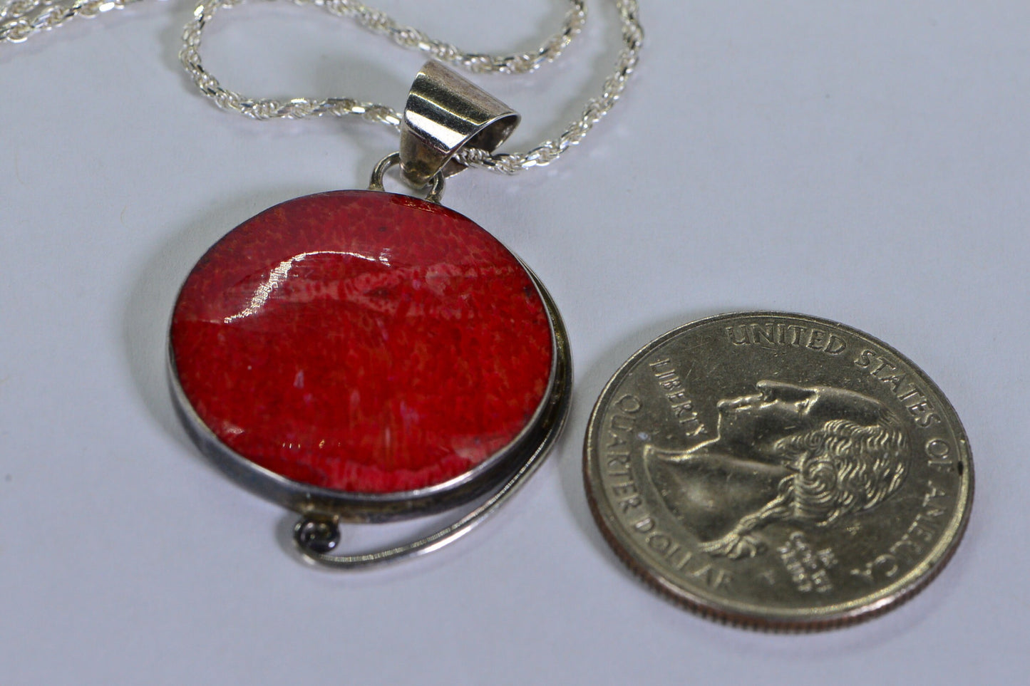 Bamboo Red Coral Circle Pendant  Necklace Sterling Silver Bezel set Round Shape Coral