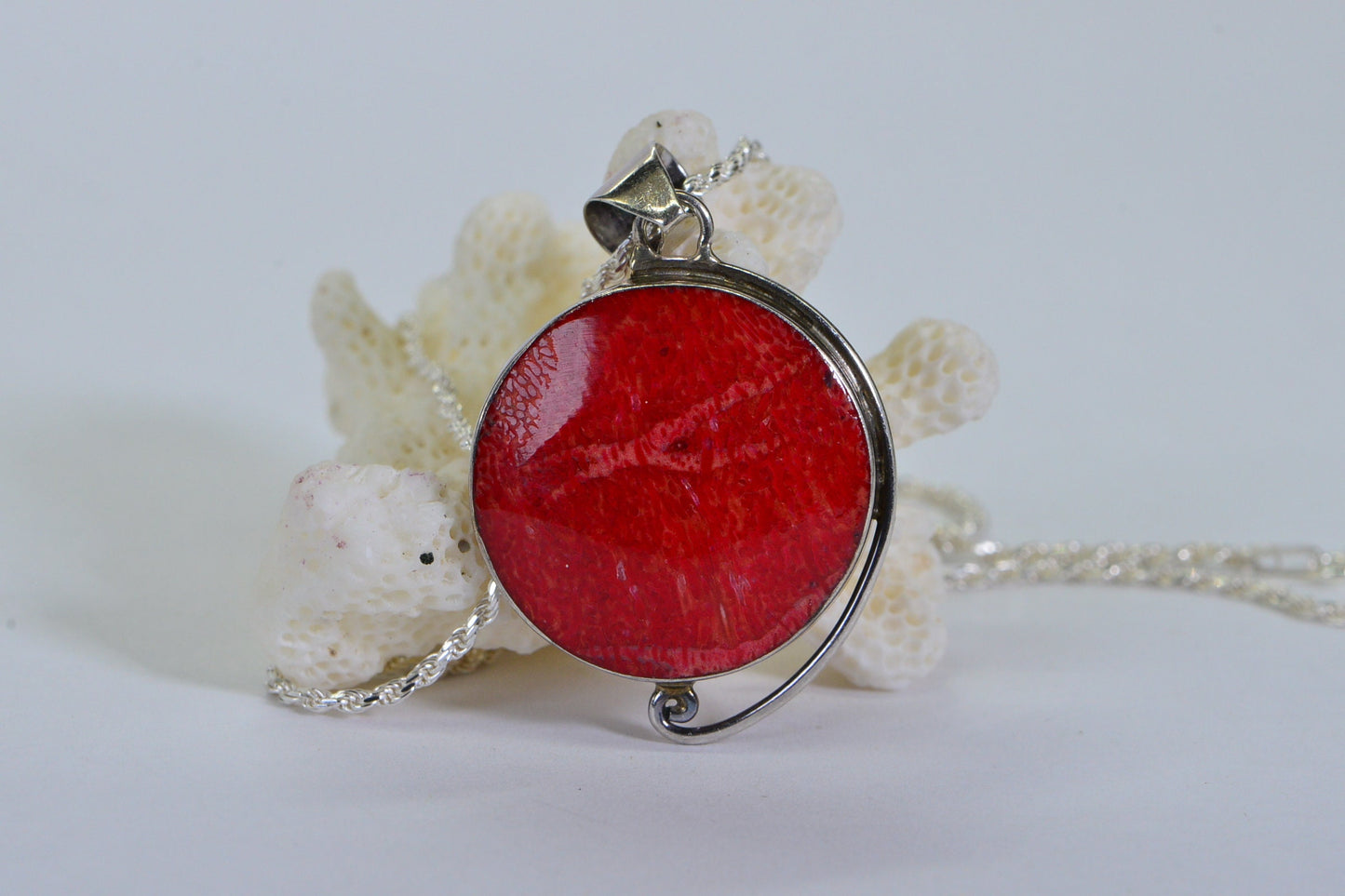 Bamboo Red Coral Circle Pendant  Necklace Sterling Silver Bezel set Round Shape Coral