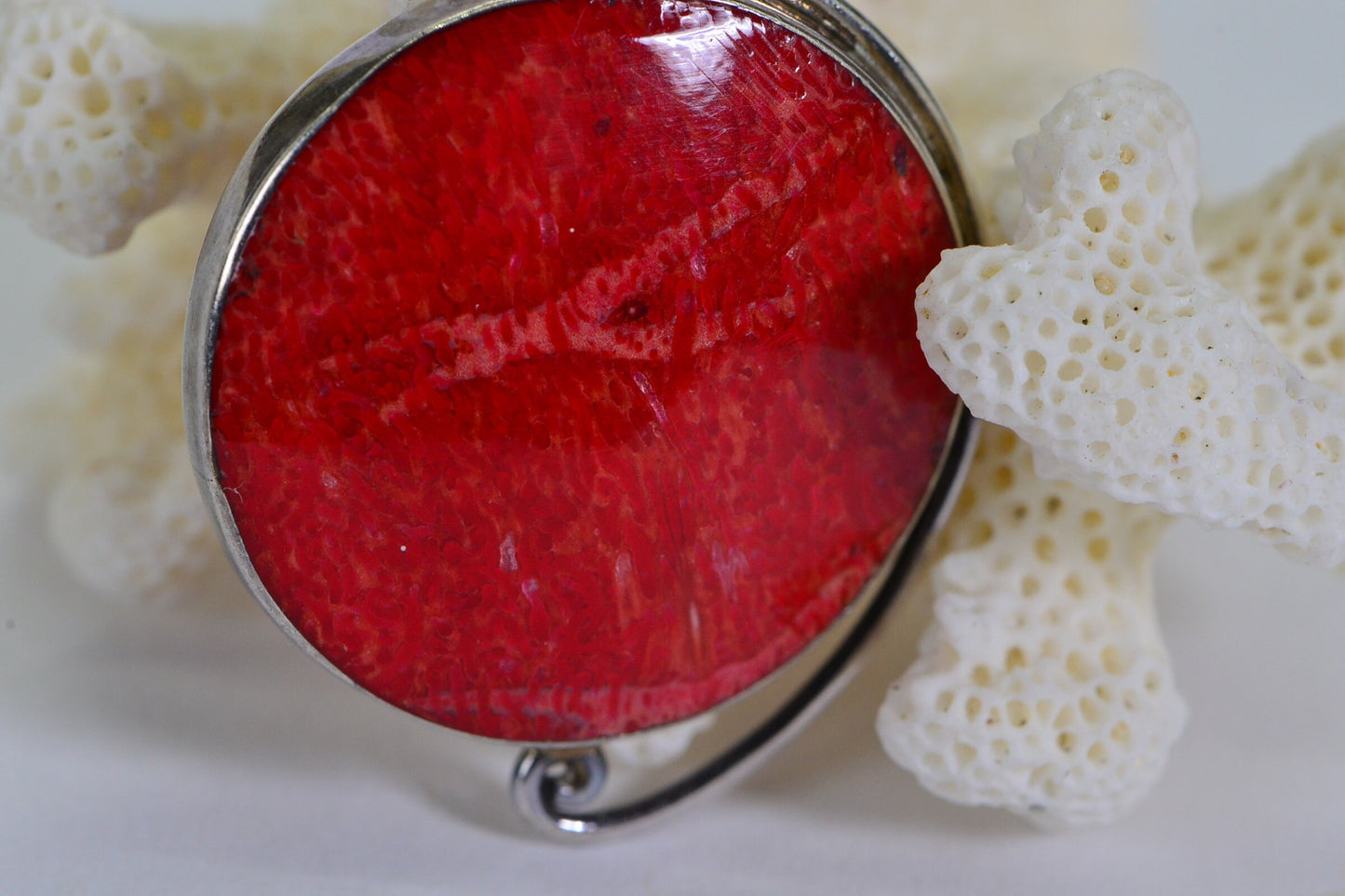 Bamboo Red Coral Circle Pendant  Necklace Sterling Silver Bezel set Round Shape Coral
