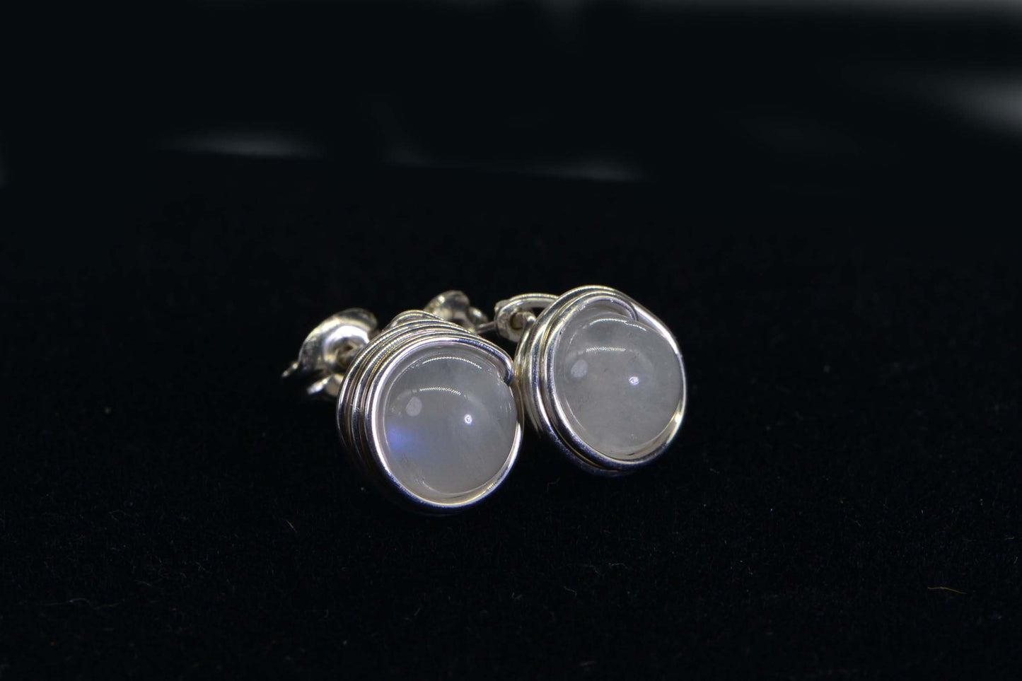 Moonstone Stud Earrings: Wire Wrapped Sterling Silver, 7mm Gemstone