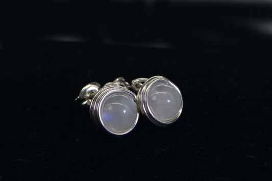 Moonstone Stud Earrings: Wire Wrapped Sterling Silver, 7mm Gemstone