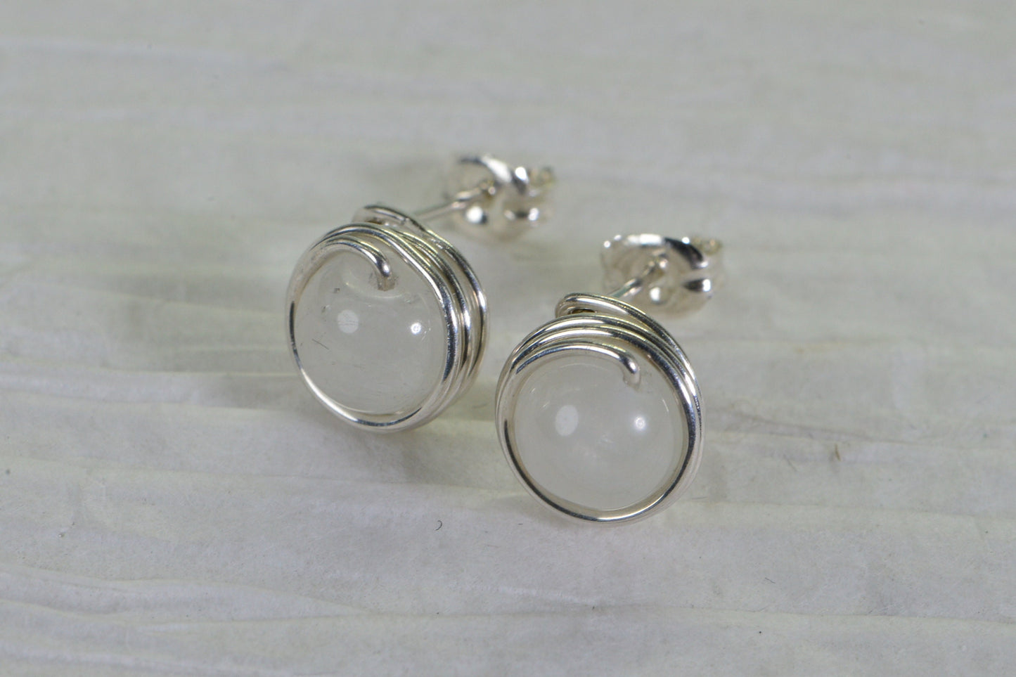 Moonstone Stud Earrings: Wire Wrapped Sterling Silver, 7mm Gemstone