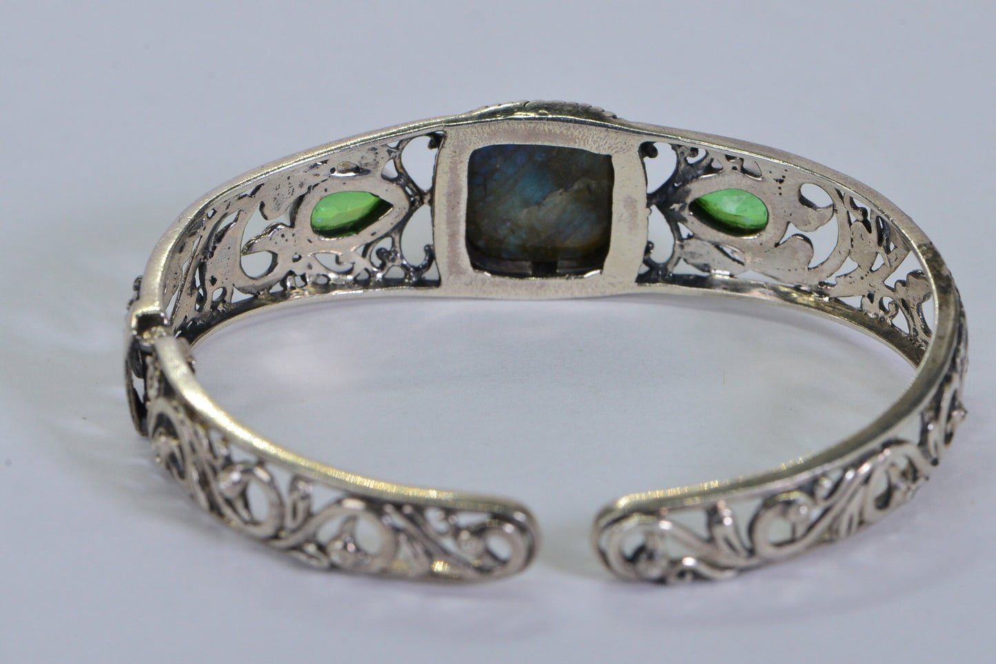Labradorite Cuff Bracelet, Sterling Silver Filigree, Peacock Quartz (7.5 inch)
