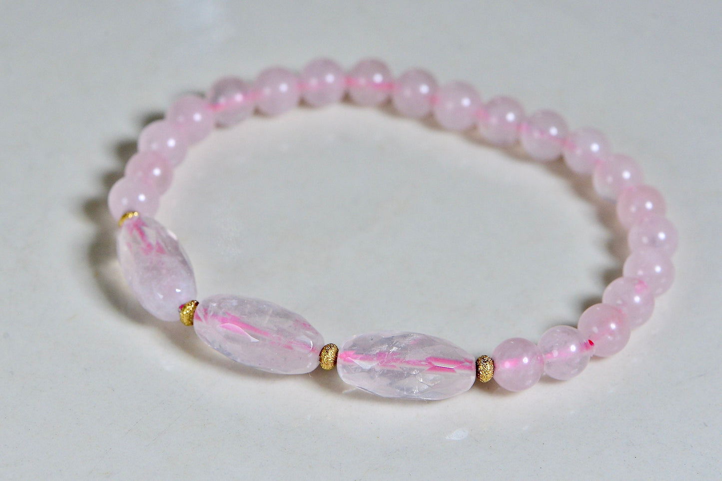 Natural Rose Quartz Bracelet: 14K Yellow Gold Crystal Healing