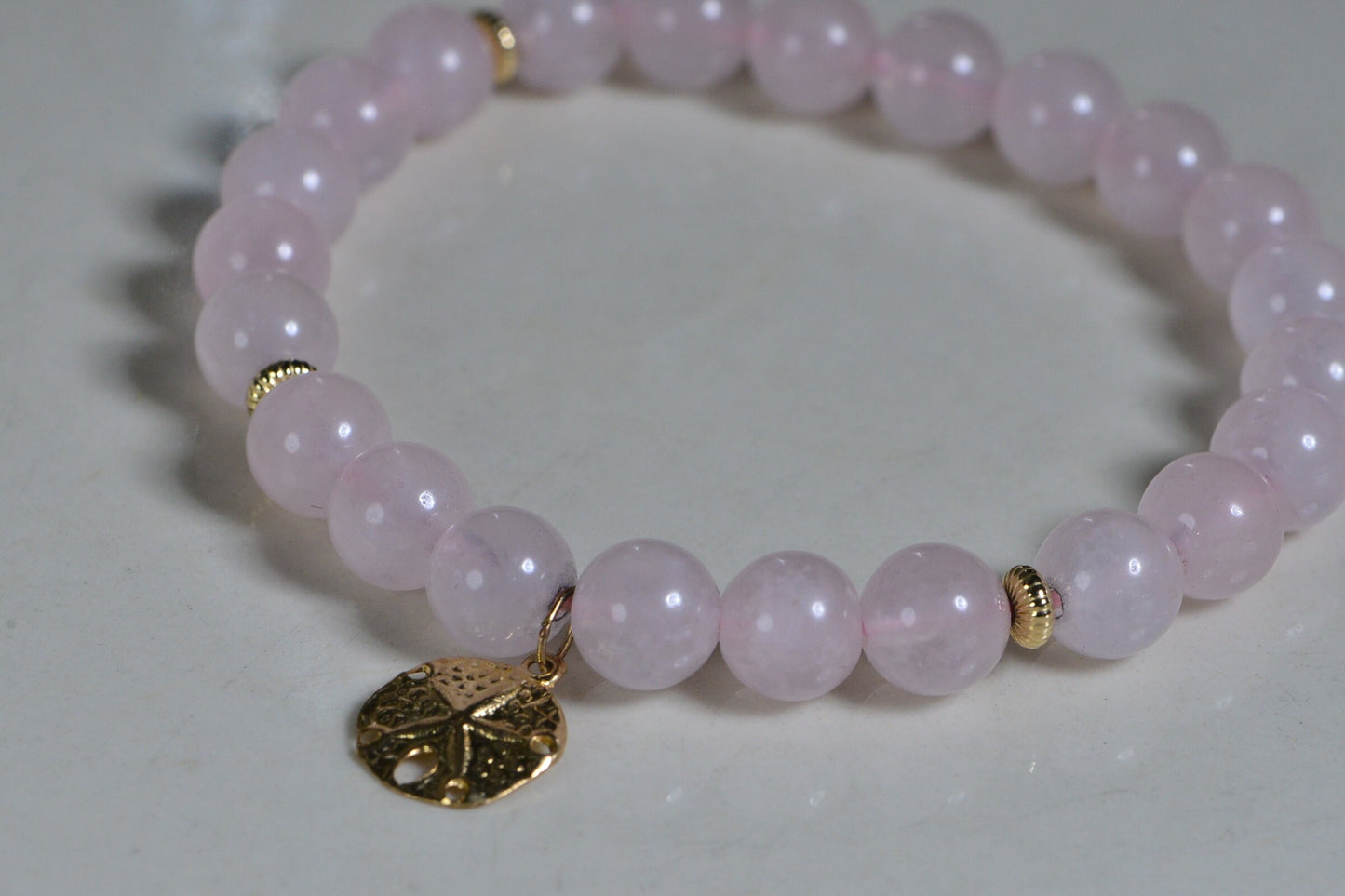 Rose Quartz Bracelet: 8mm Beads, 14K Gold Sand Dollar Charm