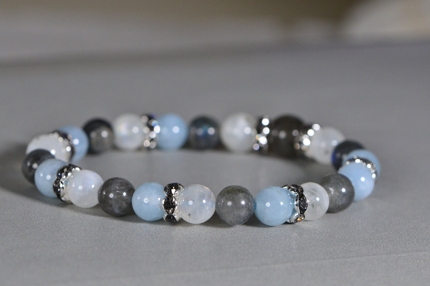 Labradorite Bracelet, Aquamarine, Moonstone, Sterling Silver Beads