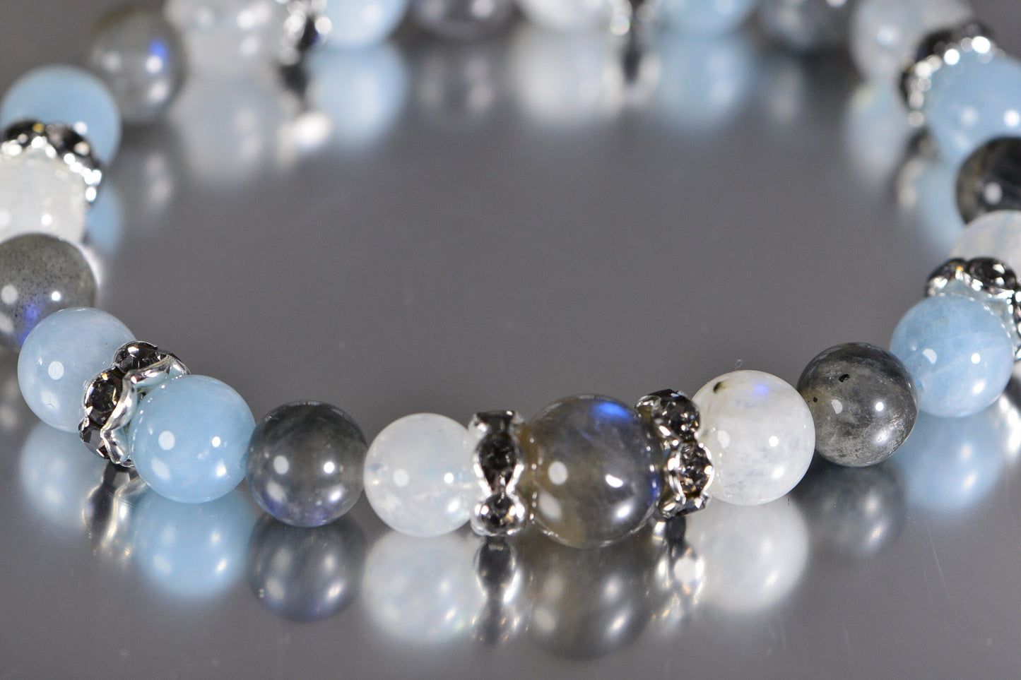Labradorite Bracelet, Aquamarine, Moonstone, Sterling Silver Beads