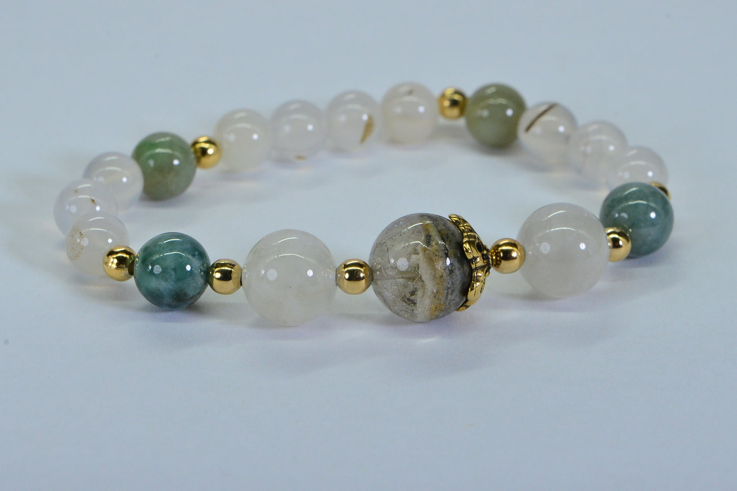Phantom Quartz Moonstone Jade Bracelet: Chunky Gemstone Healing Crystal