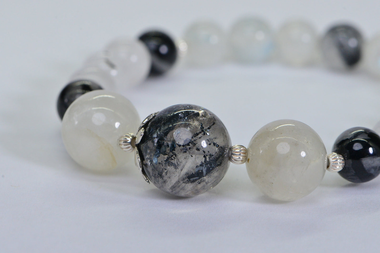 Phantom Quartz Moonstone Bracelet: Sterling Silver Gemstone Healing Crystal