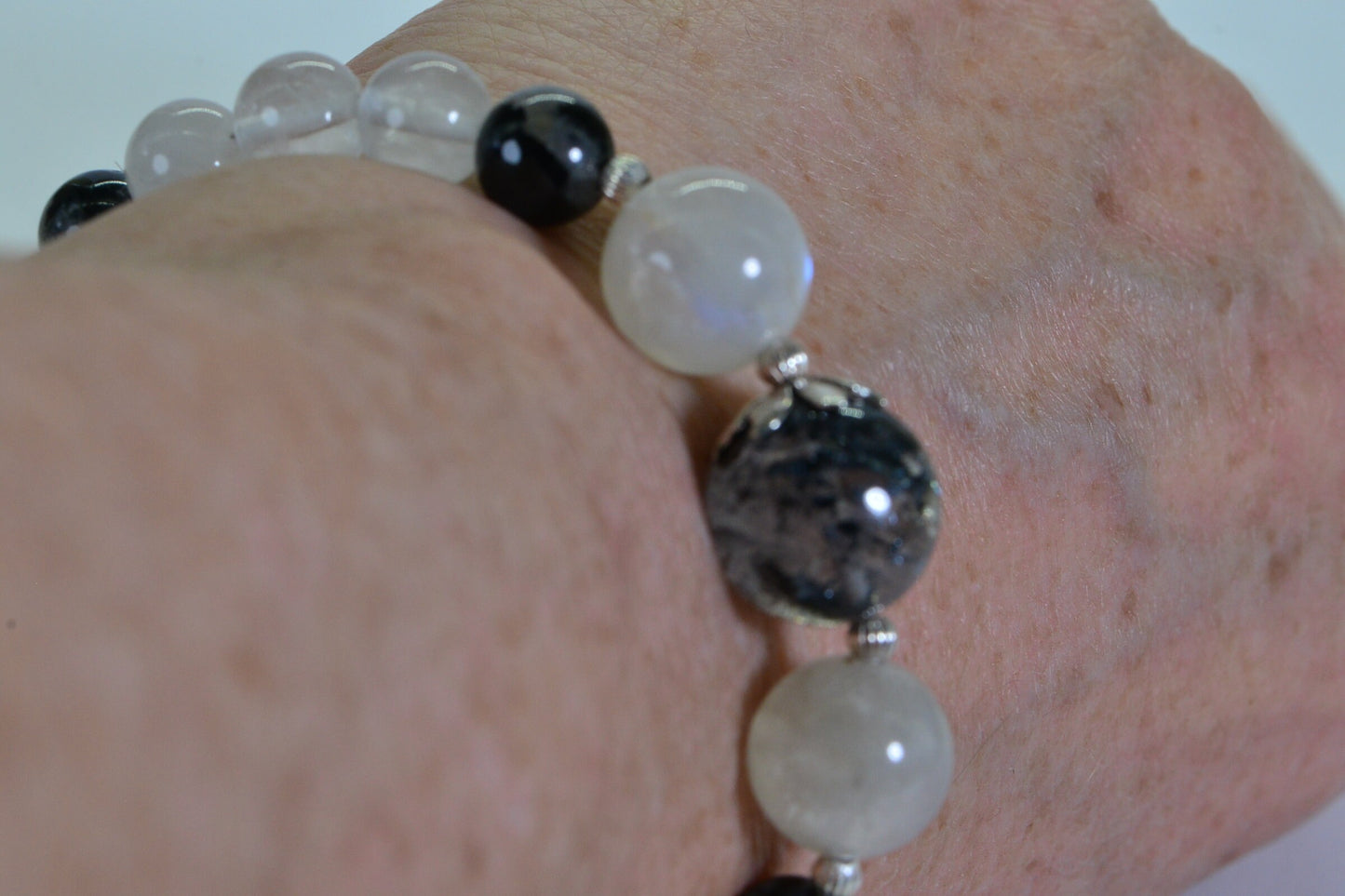 Phantom Quartz Moonstone Bracelet: Sterling Silver Gemstone Healing Crystal