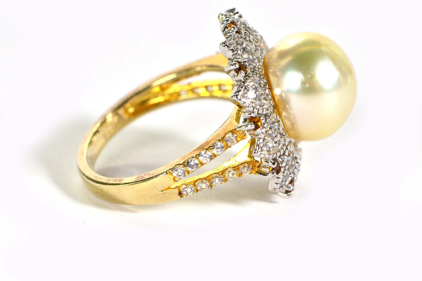 11mm South Sea Golden Pearl Ring: 14K Yellow Gold Vermeil, CZ & Topaz