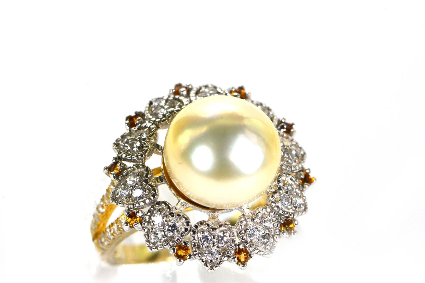 11mm South Sea Golden Pearl Ring: 14K Yellow Gold Vermeil, CZ & Topaz