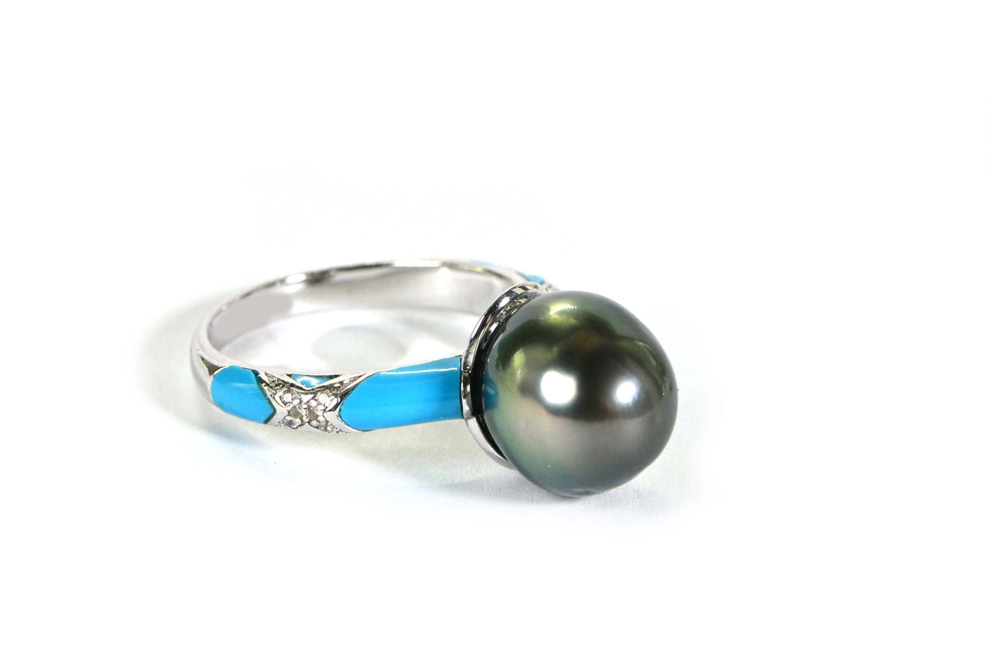 Tahitian Black Pearl Ring: Sleeping Beauty Turquoise Inlay, Sterling Silver
