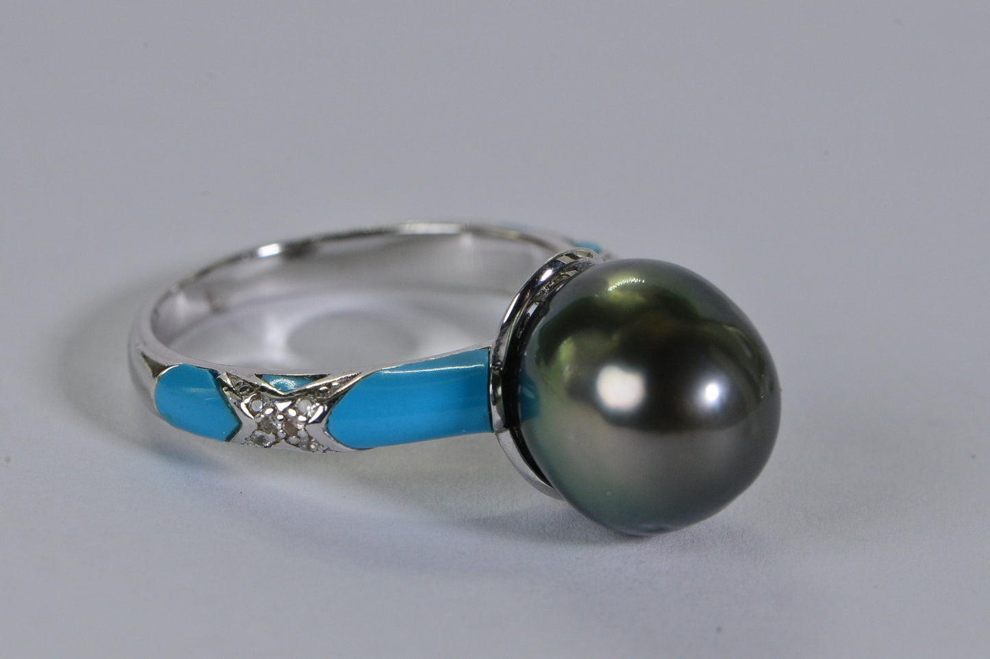 Tahitian Black Pearl Ring: Sleeping Beauty Turquoise Inlay, Sterling Silver