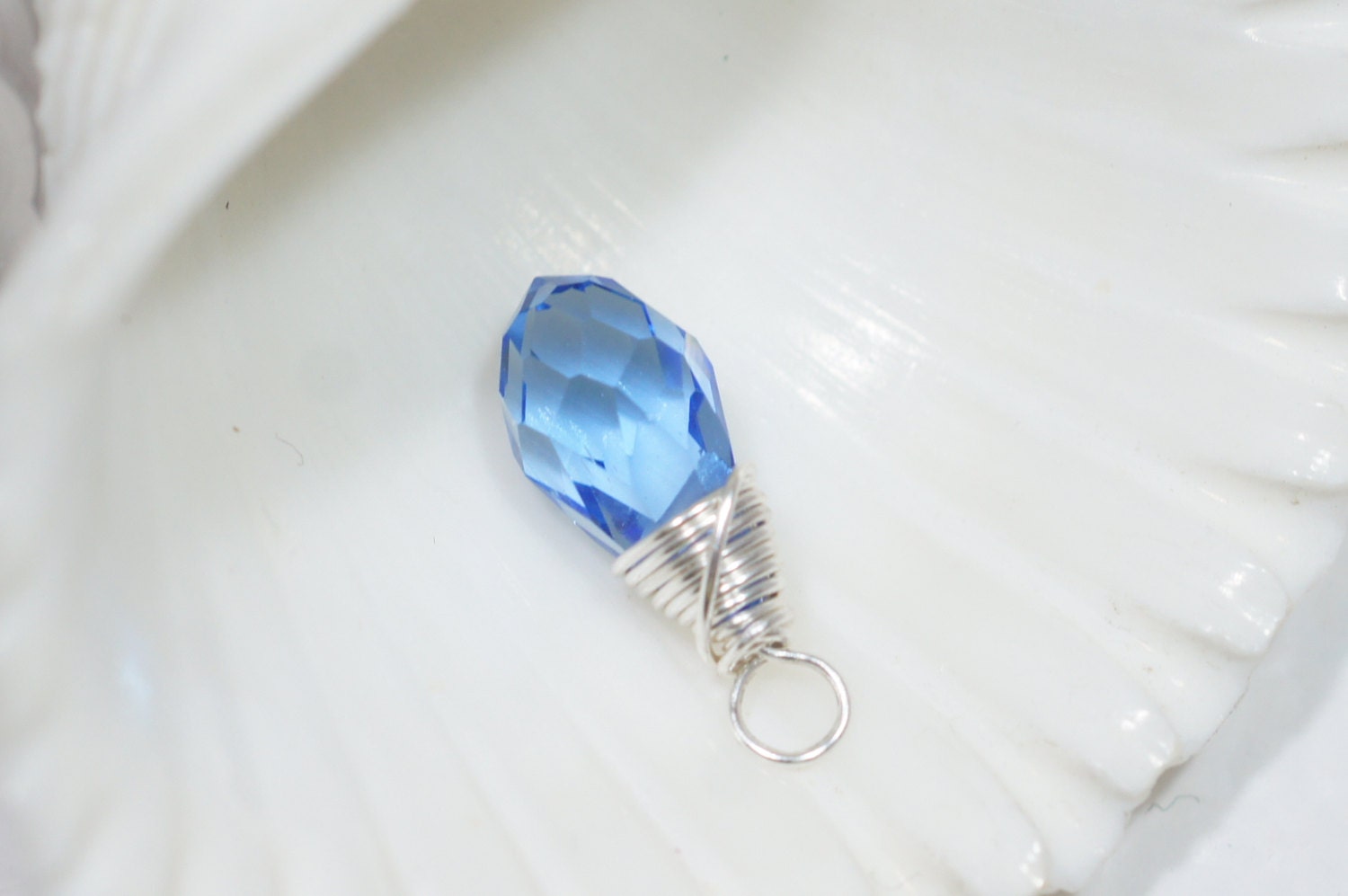 Wire Wrapped Blue Crystal Briolette Dangle: Silver Filled Pendant